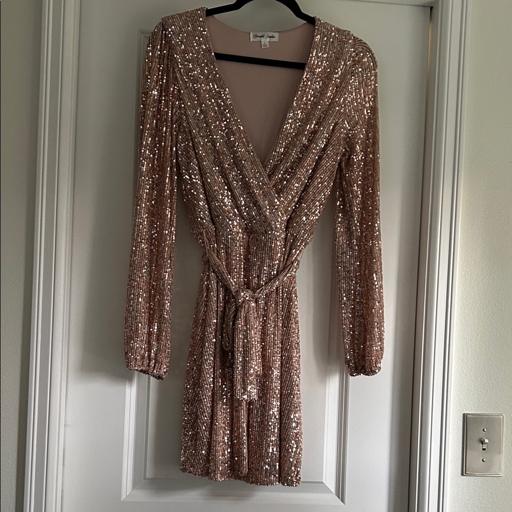 Sequin Faux Wrap Dress in Rose Gold